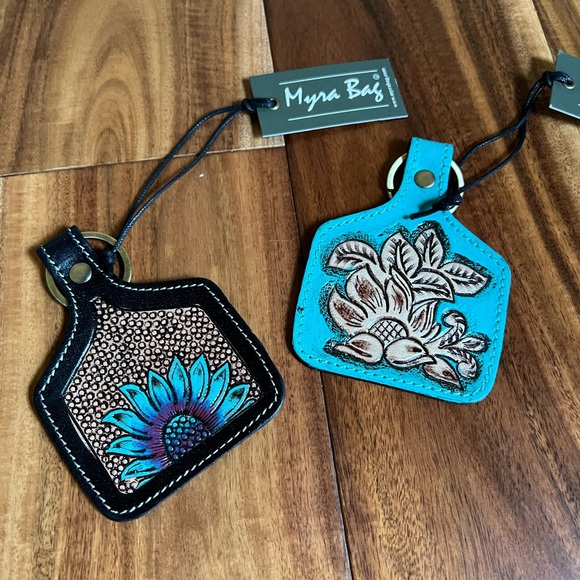 Fave! Myra Bag Purple Turquoise Floral tooled leather key chain fob gift flower - Picture 2 of 5